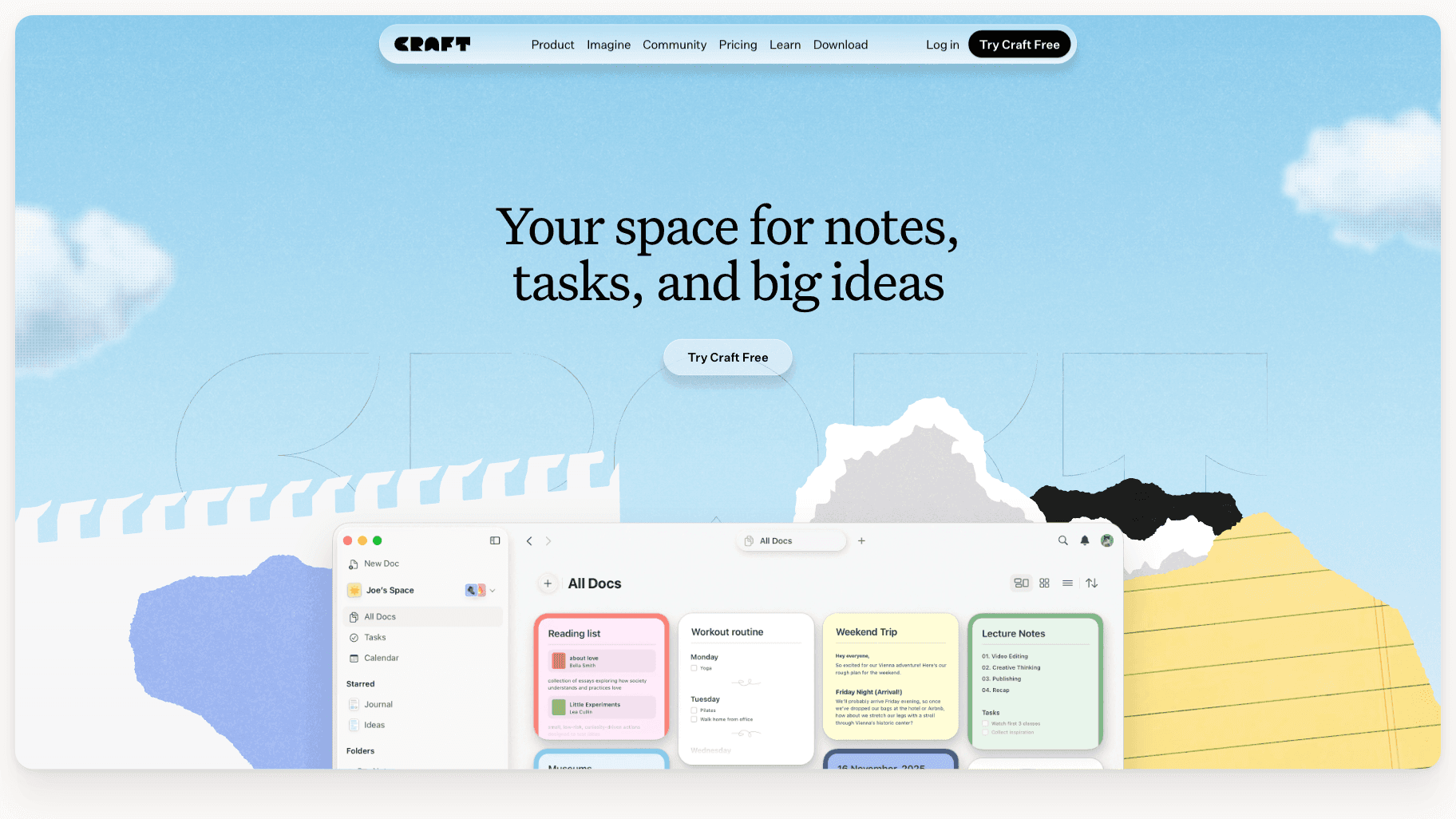 Craft’s website showing colourful documents for notes, tasks, and ideas